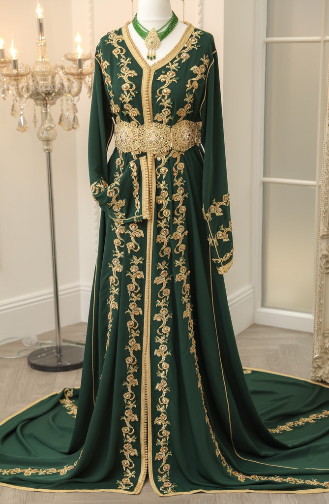 Moroccan Bridal Caftan kaftan Emerald Dress with gold hand embroidery and trail belt included LBASI